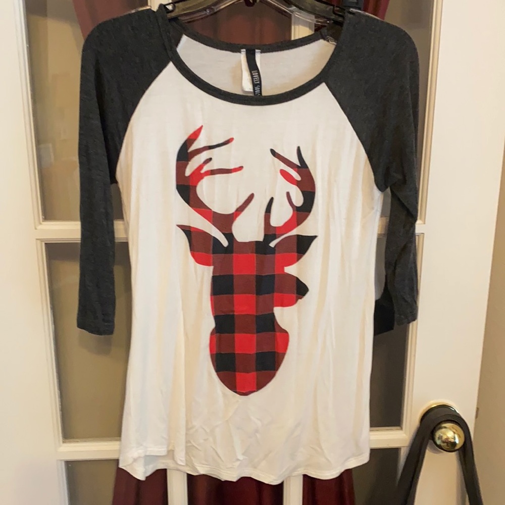 3/4 Sleeve Boutique T wPlaid Deer & Gray Sleeves